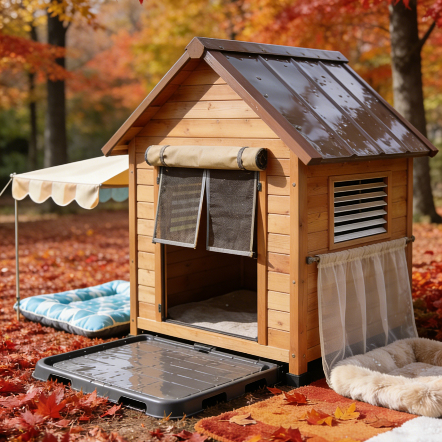 Outdoor Dog House with Removable Awning - Light Brown Wooden Pet Shelter with Mesh Door & Washable Bed
