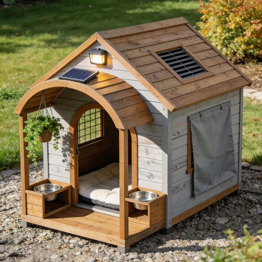 Solar-Powered Outdoor Dog House with Porch - Grey & Brown Wooden Pet Shelter with Feeding Bowls & Weatherproof Curtain
