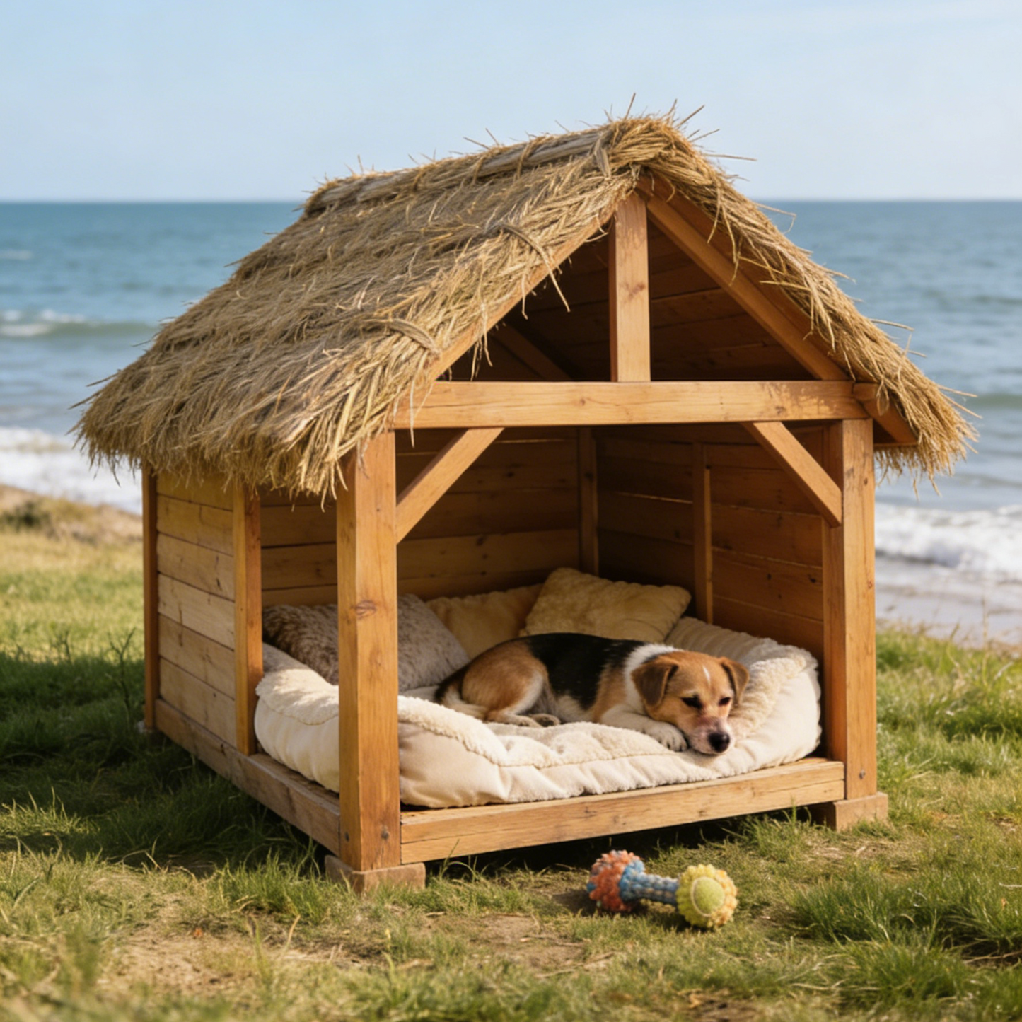Thatched Roof Open-Air Dog House - Natural Wooden Pet Shelter with Plush Bed for Small to Medium Dogs