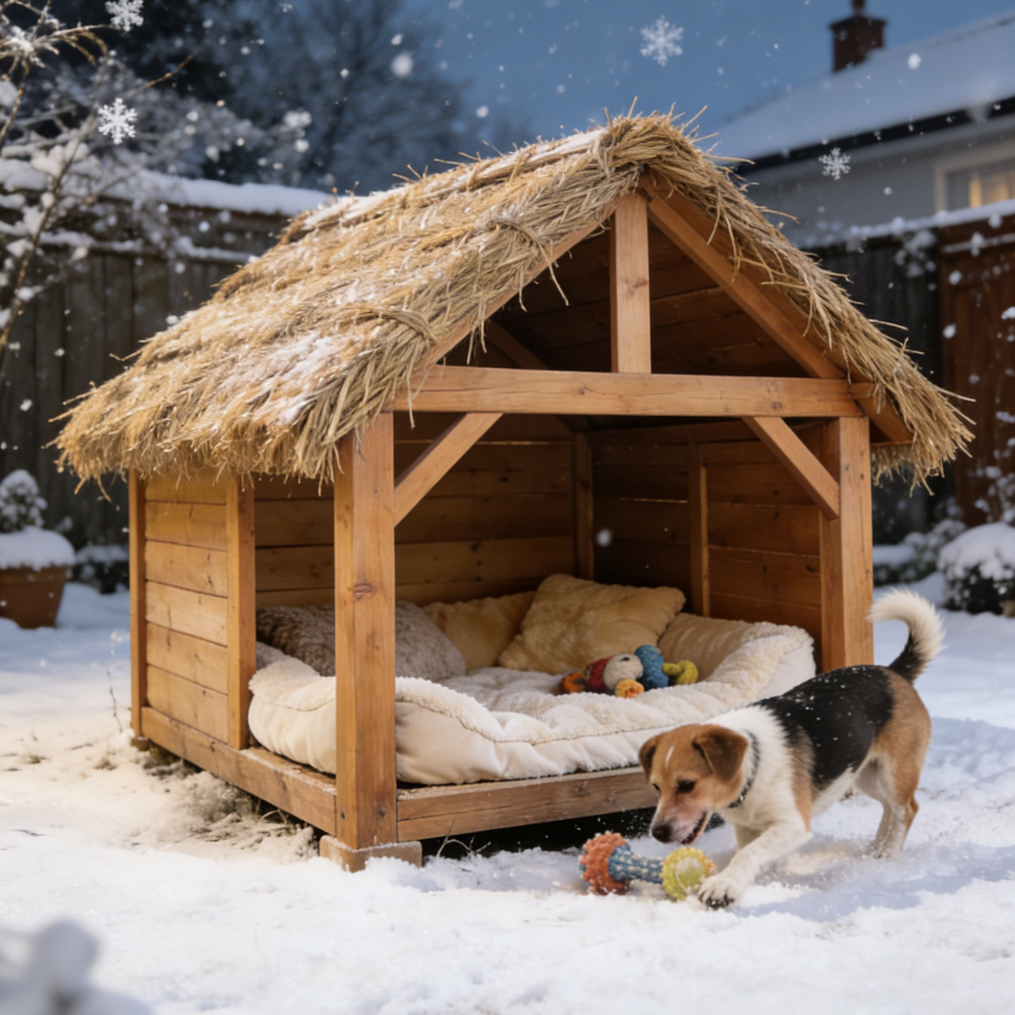 Thatched Roof Open-Air Dog House - Natural Wooden Pet Shelter with Plush Bed for Small to Medium Dogs