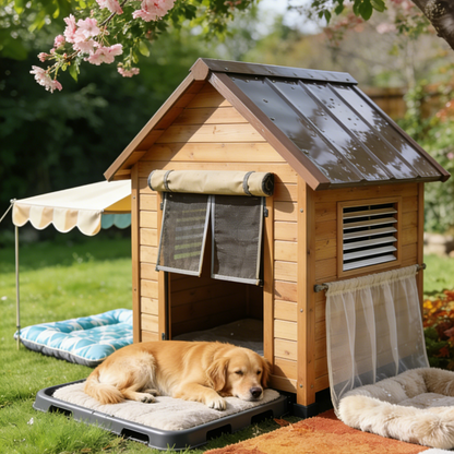 Outdoor Dog House with Removable Awning - Light Brown Wooden Pet Shelter with Mesh Door & Washable Bed