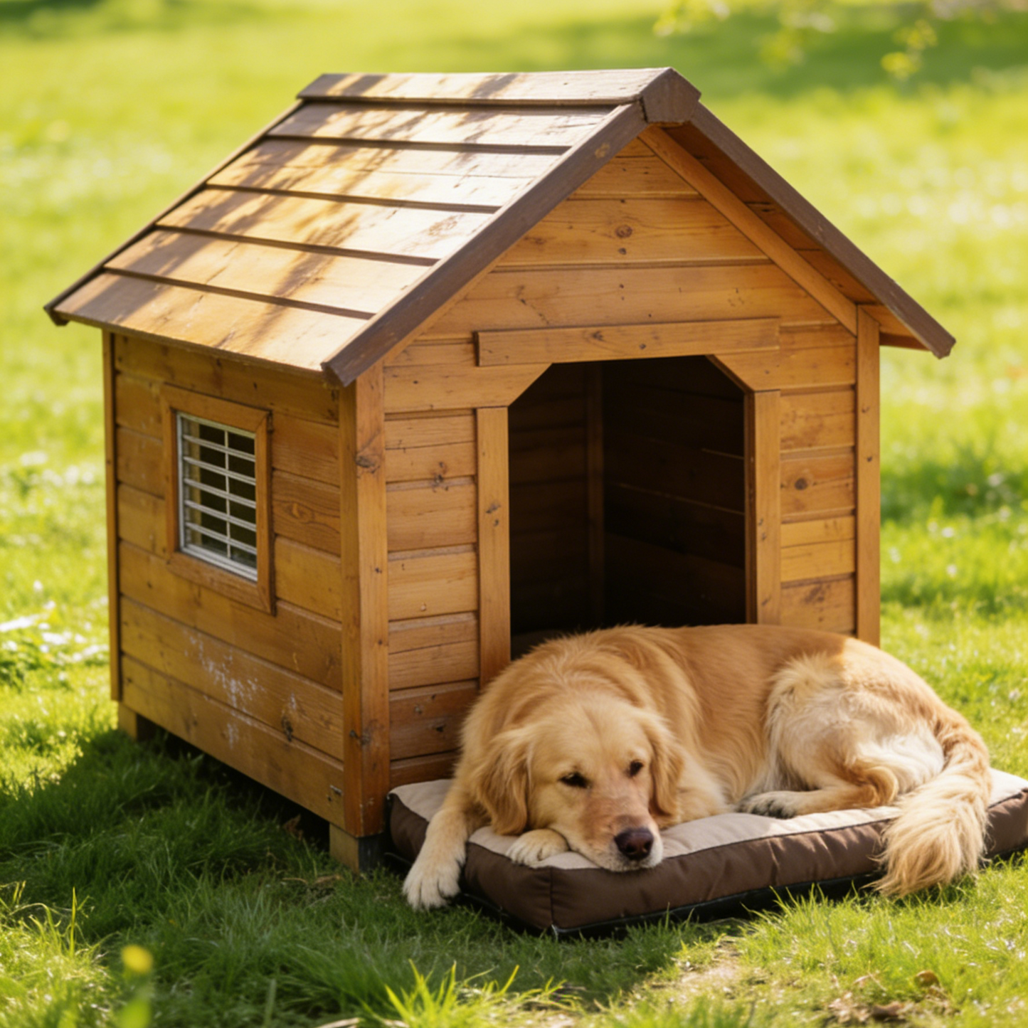 Simple Classic Outdoor Dog House - Natural Wooden Pet Shelter with Window & Washable Bed for Small Dogs