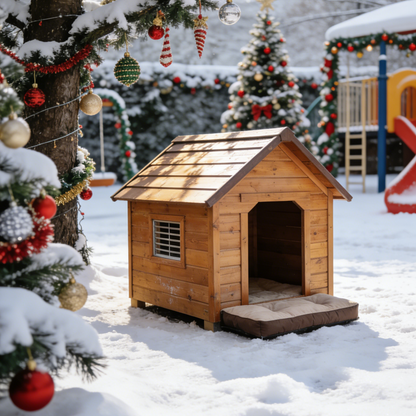 Simple Classic Outdoor Dog House - Natural Wooden Pet Shelter with Window & Washable Bed for Small Dogs