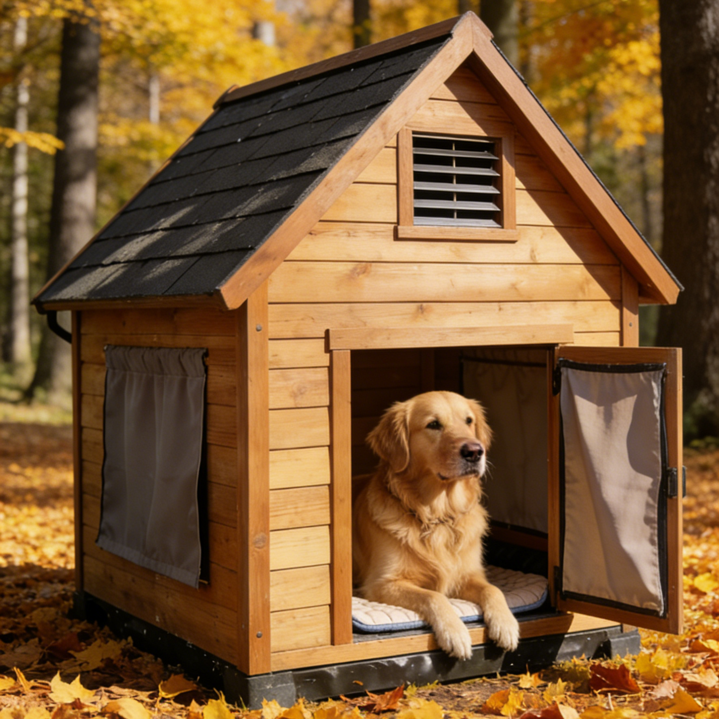 Double Door Outdoor Dog House - Light Brown Wooden Pet Shelter with Asphalt Roof & Removable Bed