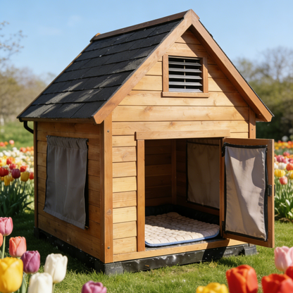 Double Door Outdoor Dog House - Light Brown Wooden Pet Shelter with Asphalt Roof & Removable Bed