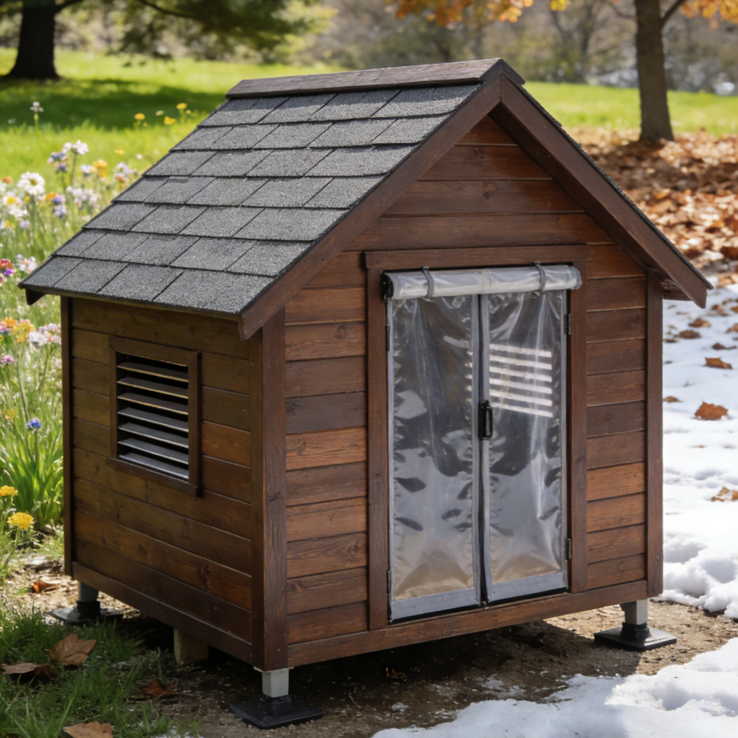 Weatherproof Outdoor Dog House - Dark Brown Wooden Pet Shelter with Asphalt Roof & PVC Door Curtain