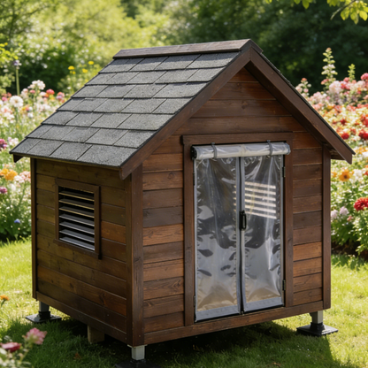 Weatherproof Outdoor Dog House - Dark Brown Wooden Pet Shelter with Asphalt Roof & PVC Door Curtain