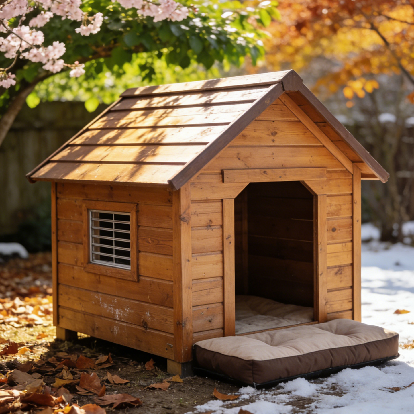 Simple Classic Outdoor Dog House - Natural Wooden Pet Shelter with Window & Washable Bed for Small Dogs