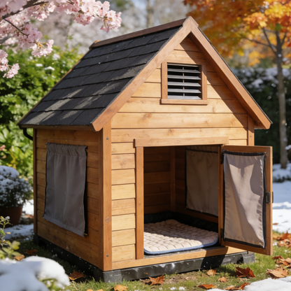 Double Door Outdoor Dog House - Light Brown Wooden Pet Shelter with Asphalt Roof & Removable Bed