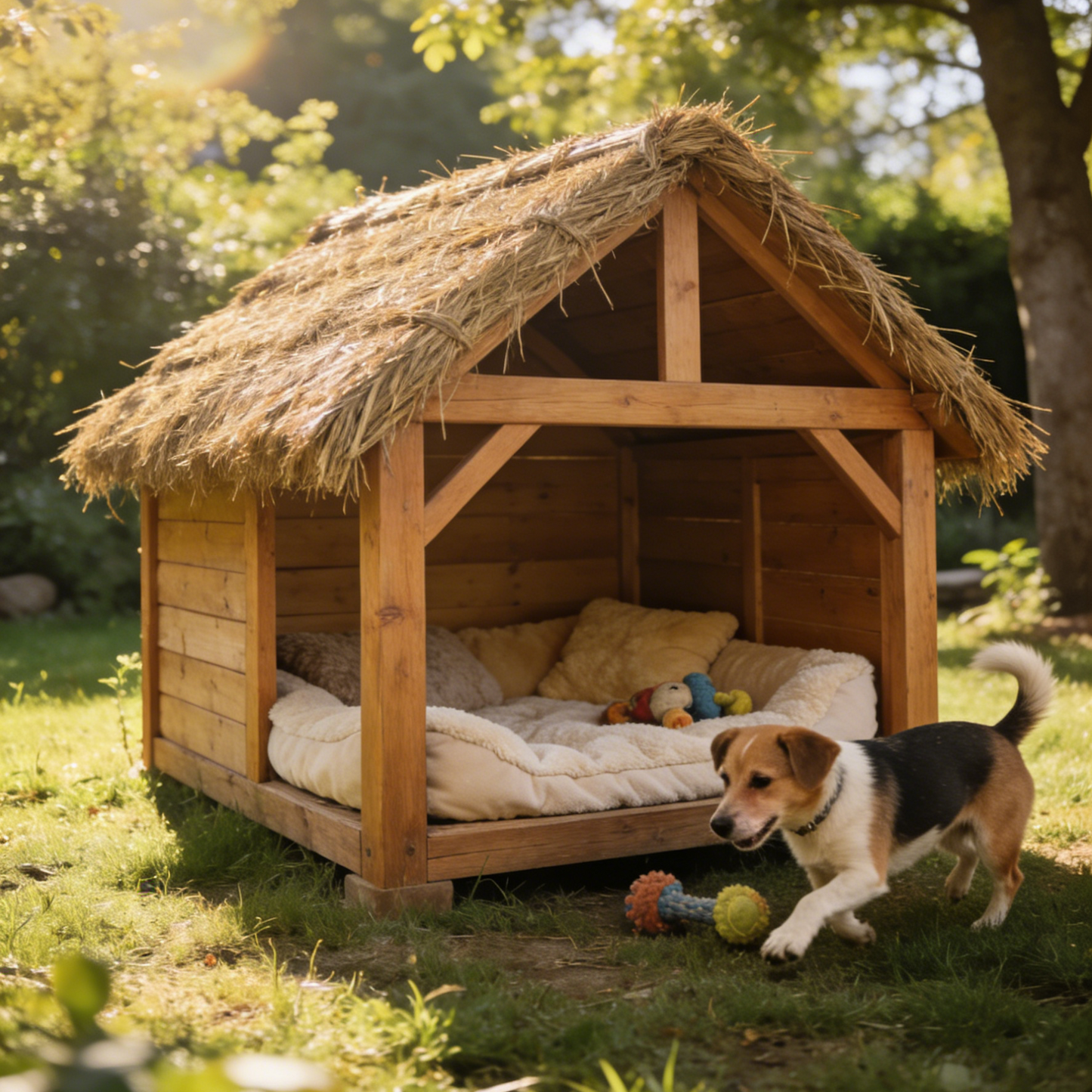 Thatched Roof Open-Air Dog House - Natural Wooden Pet Shelter with Plush Bed for Small to Medium Dogs