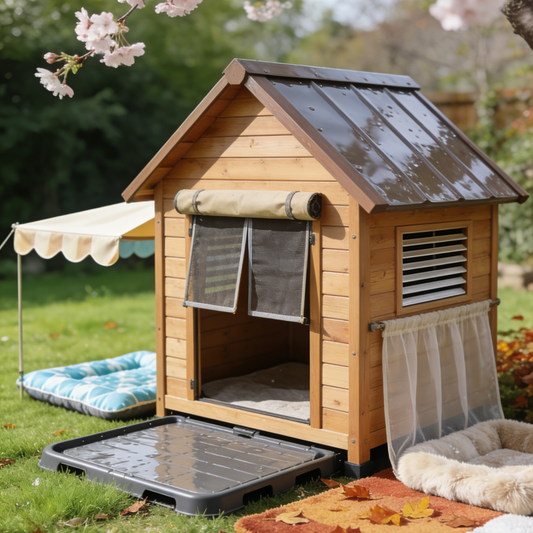 Outdoor Dog House with Removable Awning - Light Brown Wooden Pet Shelter with Mesh Door & Washable Bed
