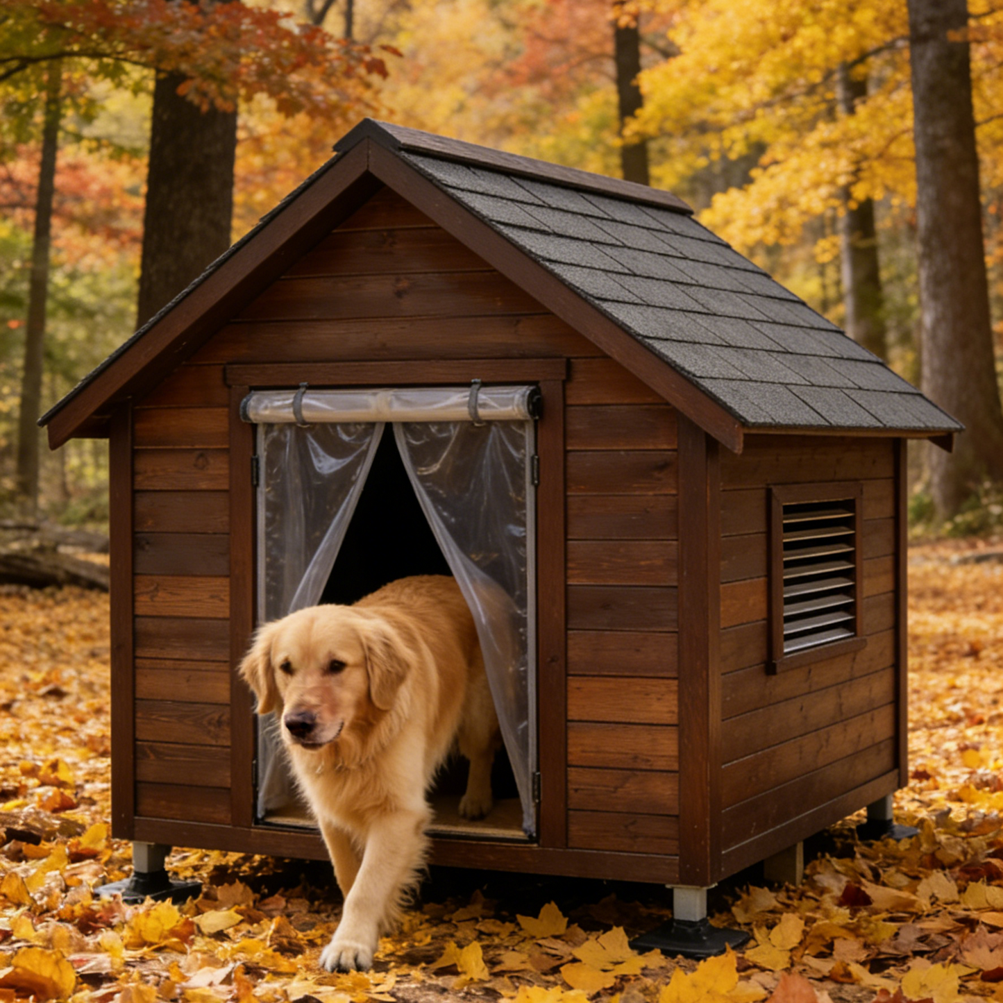 Weatherproof Outdoor Dog House - Dark Brown Wooden Pet Shelter with Asphalt Roof & PVC Door Curtain