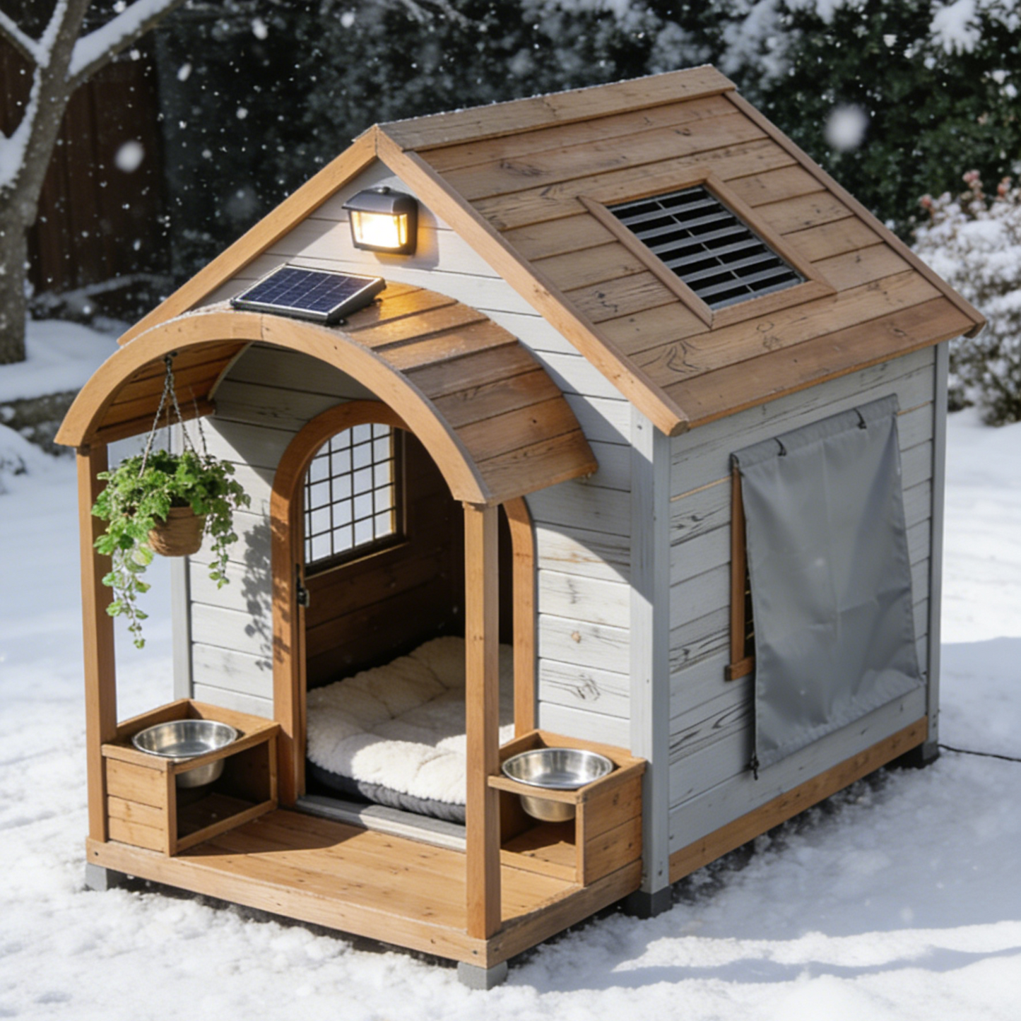 Solar-Powered Outdoor Dog House with Porch - Grey & Brown Wooden Pet Shelter with Feeding Bowls & Weatherproof Curtain