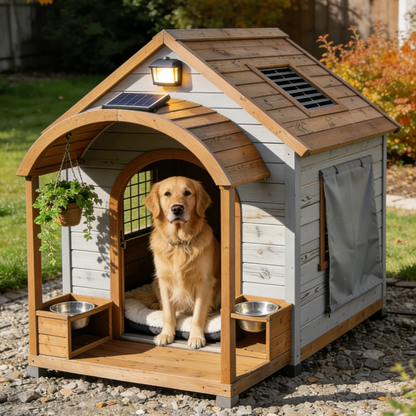Solar-Powered Outdoor Dog House with Porch - Grey & Brown Wooden Pet Shelter with Feeding Bowls & Weatherproof Curtain